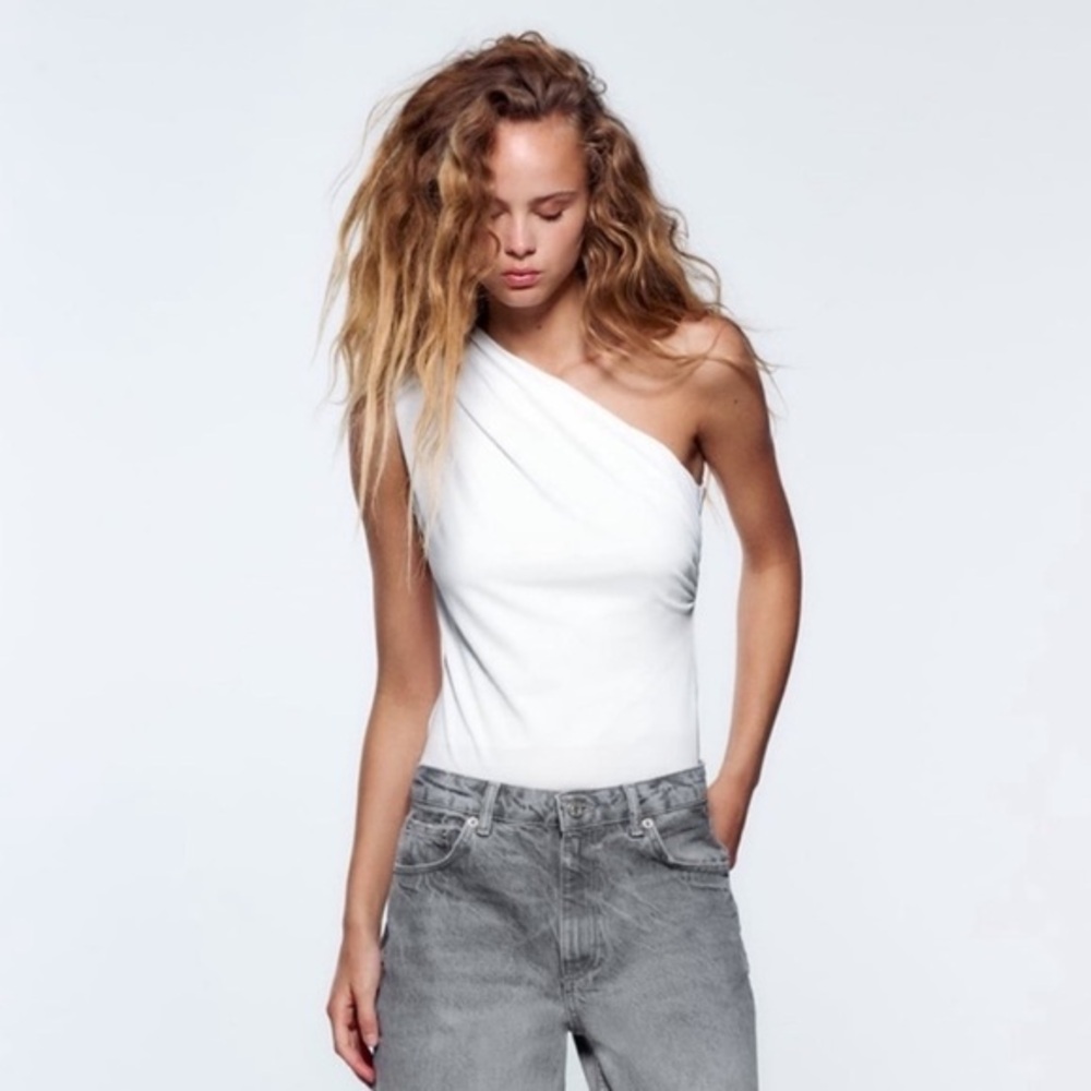 New Zara One Shoulder Ruched White Bodysuit Grecian Size Large